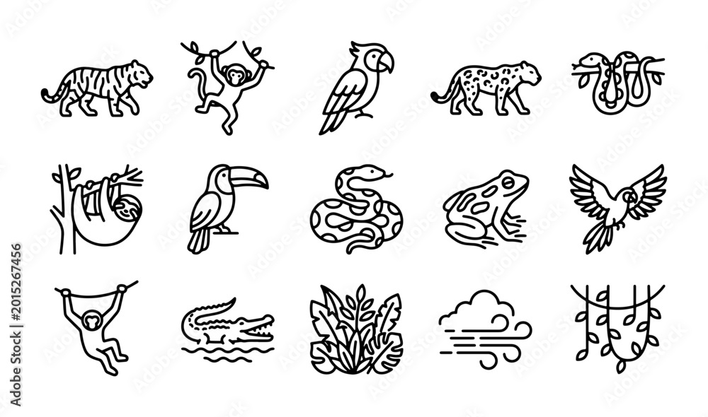 Naklejka premium Jungle Animals Vector Icons, Tropical Wildlife Line Art, Exotic Creatures Collection