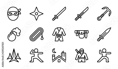 Foto Ninja Warrior Icons, Martial Arts Symbols, Samurai Sword & Shuriken Vector Set