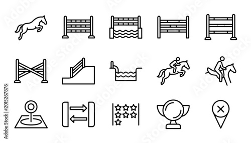 Fotografía Equestrian Show Jumping Icons Set, Horse Riding Sport Vector Graphics, Competiti