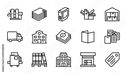 Foto Printing Industry Icons Set: Offset Press, Warehouse, Delivery Truck, Books, Tag