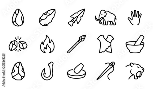 Foto Prehistoric Icons Set: Stone Age Tools, Mammoth, Fire, Caveman Clothing, Hunting