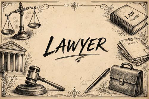 Vintage legal illustration with scales of justice, gavel, law book, and courthouse building symbols