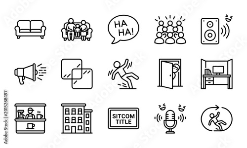 Canvas Print Sitcom Elements Icons: Sofa, Audience, Laughs, Stage, Speaker, Megaphone, Door,