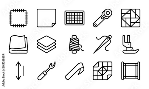 Fotografía Sewing and Quilting Icons, Crafting Tools Vector Set, Fabric, Thread, Needle, Ro