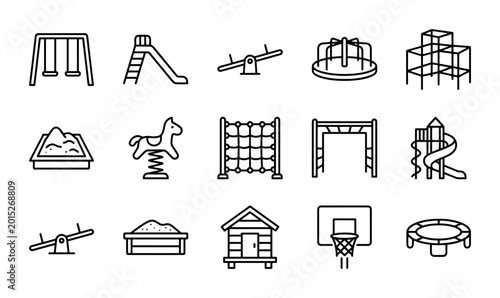 Photos Playground Equipment Icons, Children's Outdoor Fun Set, Vector Graphics for Park