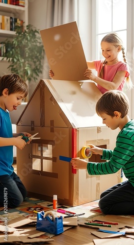 Children building cardboard house together.