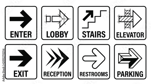 Free Download Editable directional signage and wayfinding icon set for office buildings, public facilities, and businesses, black and white vector graphics set. - GFXLoad