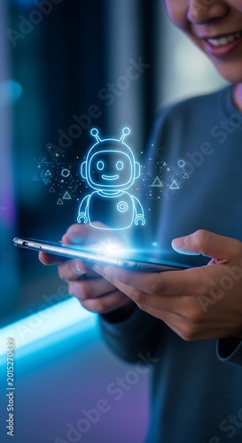 Person using smartphone with glowing chatbot icon, digital communication concept