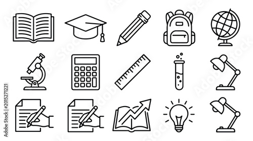 Editable education and school line art icon set for learning, study and science. Black and white outline icons for graduation, books, and tools pack.