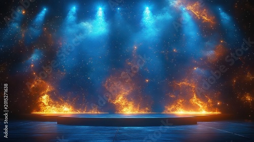 Empty circular stage lit by intense blue spotlights with roaring flames and a cosmic starry backdrop, dramatic energetic atmosphere