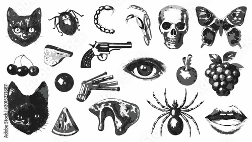 Konstfotografi assorted objects collection grayscale illustration of a cat skull butterfly frui