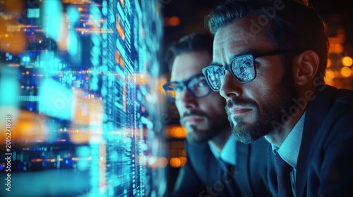 Person in suit leaning toward glowing blue data screens showing code and analytics, focused and intense amid warm bokeh city lights