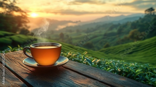 Steaming cup and saucer on a wooden table overlooking lush rolling green tea terraces and distant hills at sunrise, warm golden light and a peaceful serene morning