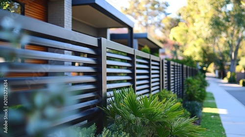 modern horizontal metal slatted fence along sunny suburban sidewalk with manicured shrubs, small palm plants and contemporary homes, evoking a calm tidy atmosphere