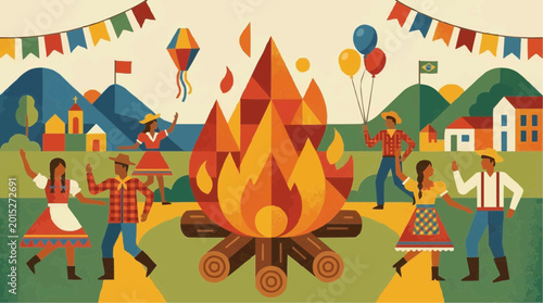 Festa junina celebration with people dancing around a bonfire, traditional brazilian folk festival illustration