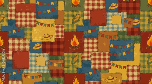Seamless patchwork pattern with rustic country elements like campfires, corn, straw hats, and bunting banners