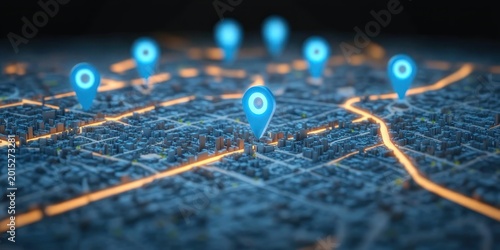 3d miniature city map with glowing orange streets and multiple blue location pins conveying a futuristic connected and precise navigation network