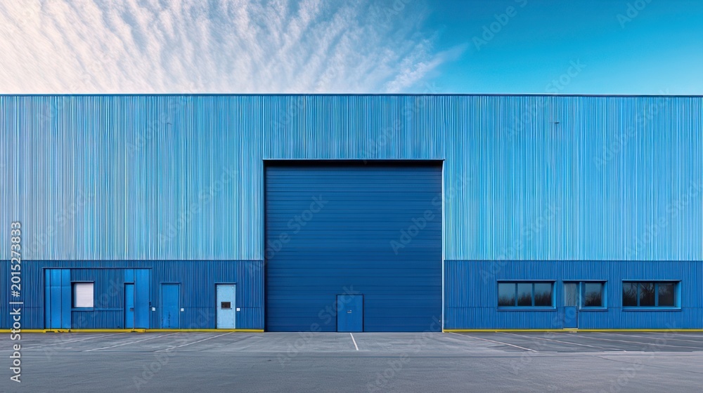 Obraz premium Expansive blue corrugated metal warehouse with central large loading door, small entry doors and windows, empty asphalt foreground under a clear blue sky, calm minimalist atmosphere