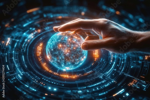 human hand touching a glowing holographic digital globe with interconnected nodes above a circular futuristic data interface, evoking curiosity and control