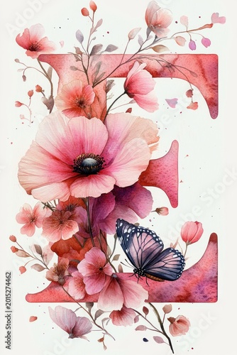 delicate watercolor letter e entwined with pink poppy and small blossoms, slender branches and buds, a soft blue-veined butterfly resting on petals evoking romantic whimsical serenity