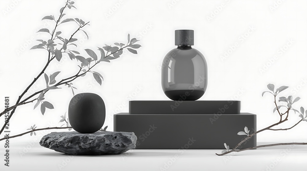 Fototapeta premium Minimalist monochrome product photography featuring a perfume bottle and decorative elements.
