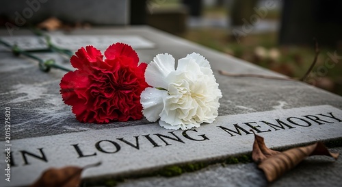 Memorial flowers on grave stone.