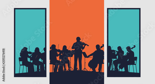 Silhouette orchestra performing music on stage with colorful background.