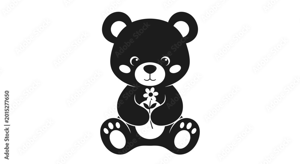 Fototapeta premium Cute Black Teddy Bear Holding Flower Adorable Toy Illustration.