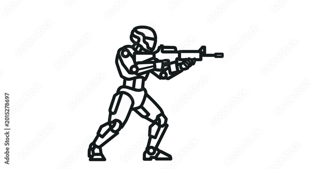 Fototapeta premium Futuristic soldier with rifle, line art animation character, ready to fire