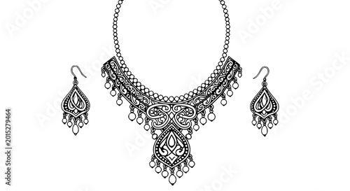 Konstfotografi Elegant Tribal Necklace and Earrings Set, Intricate Black and White Jewelry Desi