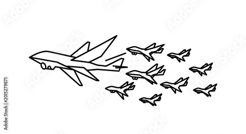 Schilderij op canvas Jetliner leads squadron of fighter jets in formation, simple line drawing