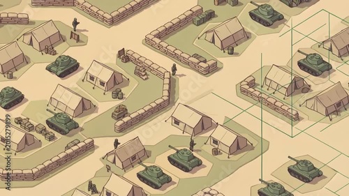 Isometric Military Camp Animation with Tanks and Tents, Grid Overlay, Strategic Game Map for Simulation