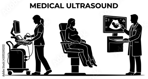 Medical ultrasound procedure with pregnant woman and doctor in silhouette style