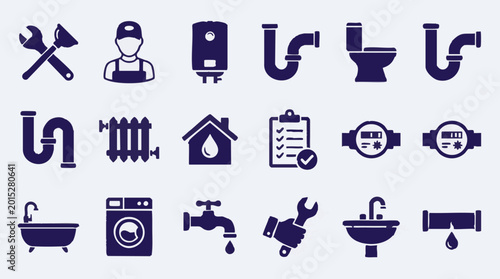 Plumbing and Heating Service Icons Set - Vector Symbols for Home Repair