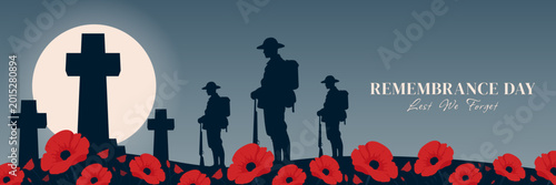 Tableau sur toile Remembrance day horizontal banner with soldiers silhouettes poppy field vector illustration