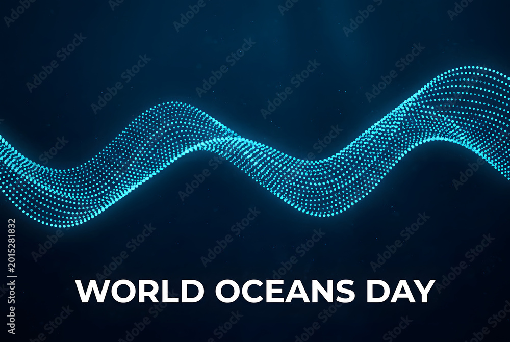 Fototapeta premium Abstract cyan light dotted wave for conceptual design of world oceans day event.
