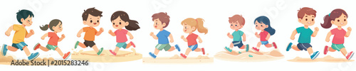 Cuadro en lienzo vector of two children jogging in the morning on the beach in summer