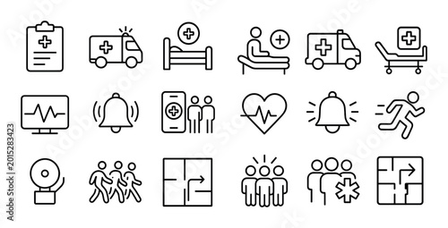 Medical and emergency icons showing healthcare actions and alerts