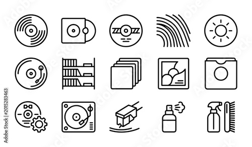 Billede på lærred Vinyl Record Icons Set, Music Playback Equipment, Audio Storage, Cleaning Tools,
