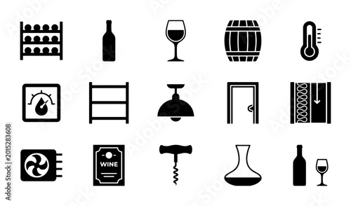 Photos Wine Cellar Icons Set: Storage, Tasting, Climate Control, Accessories, Vector Gr