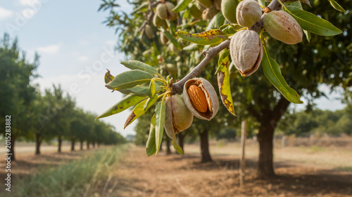 Close up of ripe almond nut in open shell on branch in orchard