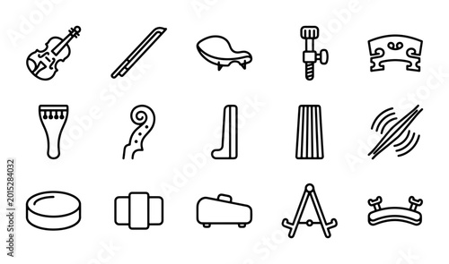 Schilderij op canvas Violin Accessories Icons, String Instrument Parts, Musical Equipment Vector Set
