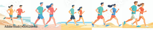 vector of a couple jogging in the morning on the beach in summer