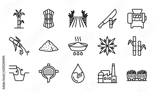 Canvas Print Sugarcane Industry Icons: Cultivation, Processing, and Production Vector Set