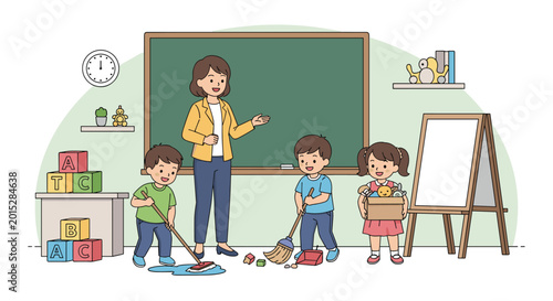 Teacher and students working together to clean up their classroom by sweeping the floor and putting toys away in a cooperative scene.