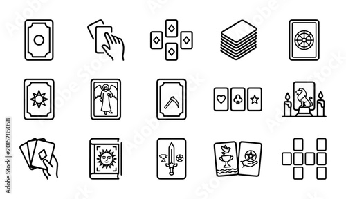 Foto Tarot card line icons, 15 mystical fortune telling symbols, occult divination ve