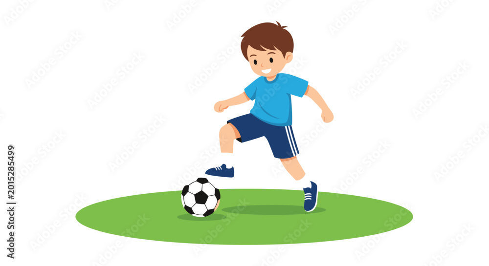 Obraz premium Active young boy in a blue t-shirt and shorts playing soccer and kicking a football on a green circular patch of lawn.