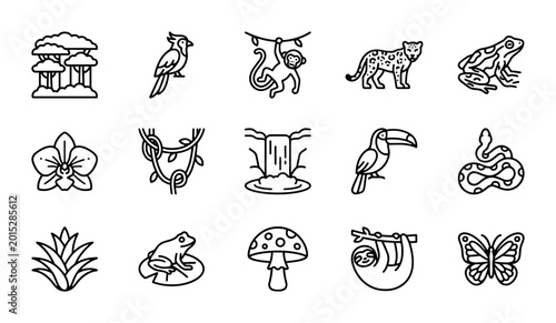 Photography Jungle Icons Set: Tropical Animals, Plants, Waterfall, Buildings, Vector Graphic