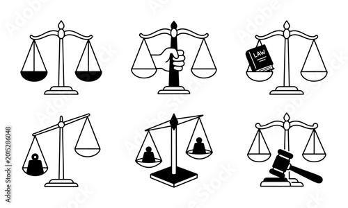 Tableau sur toile Justice Scales Icons, Legal Balance Symbols, Law Gavel Vector Set