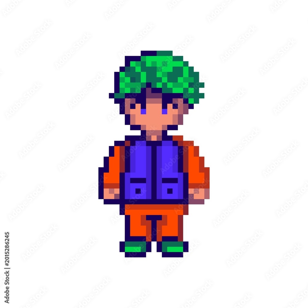 Obraz premium Pixel Art Male Character with Green Hair and Purple Vest Isolated on White